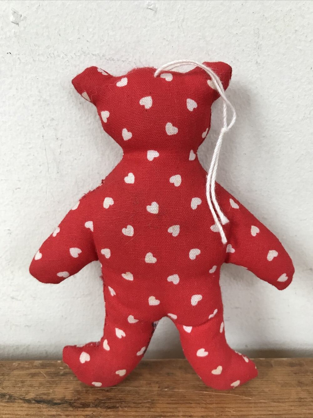 Vtg Handsewn Red White Heart Fabric Stuffed Bear Holiday Christmas Ornament